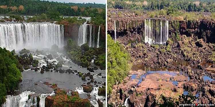 Cataratas de Iguazú con su caudal normal. derecha: Escaso caudal en el mes de abril de 2020 por falta de lluvias