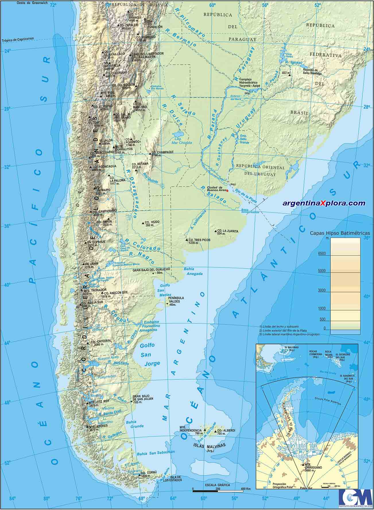 Mapa Fisico de Argentina - Aspecto Fisico accidentes geográficos y relieve de Argentina, todas las provincias y límites
