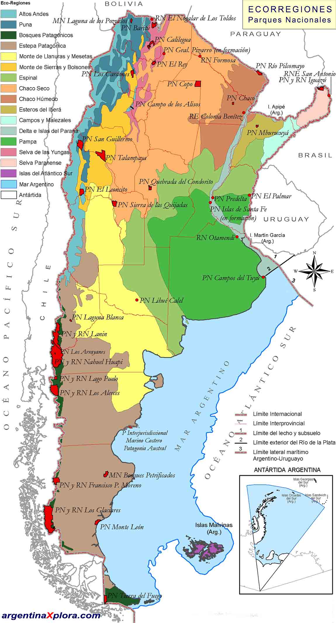 Mapa de Parques Nacionales y Ecorregiones Argentina. Ubicacion