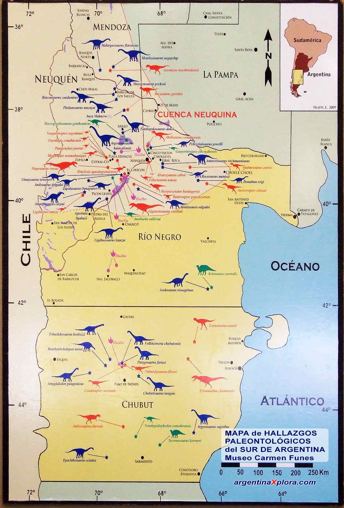 Mapa de los Hallazgos Paleontológicos del Sur de Argentina Museo Carmen Funes de Cutral-Có, Neuquén