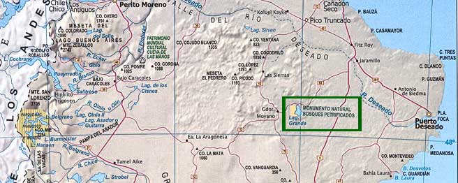 Mapa de ubicación de los Bosques Petrificados de Santa Cruz