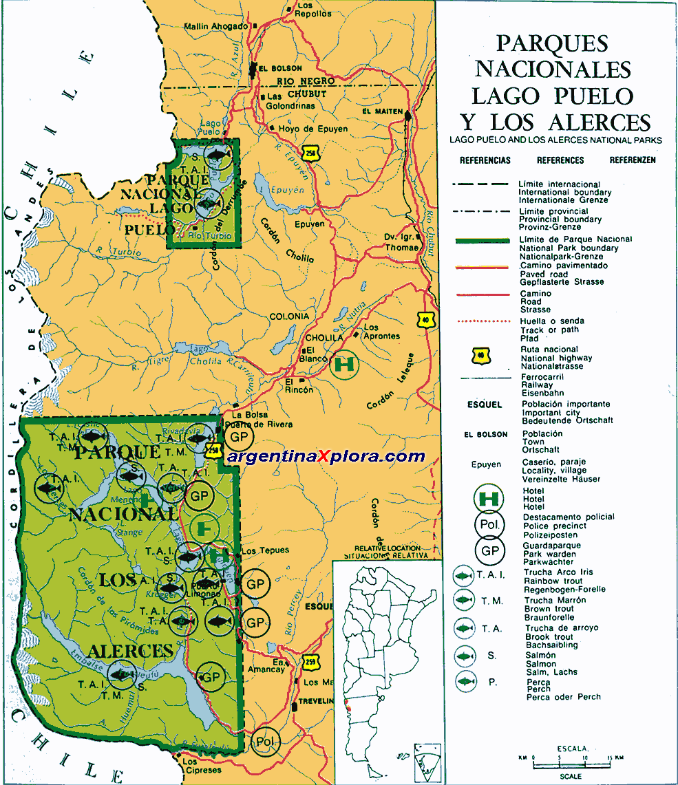 Mapa de Pesca del  Parques Nacionales Lago Puelo y Parque Nacional Los Alerces - Chubut
