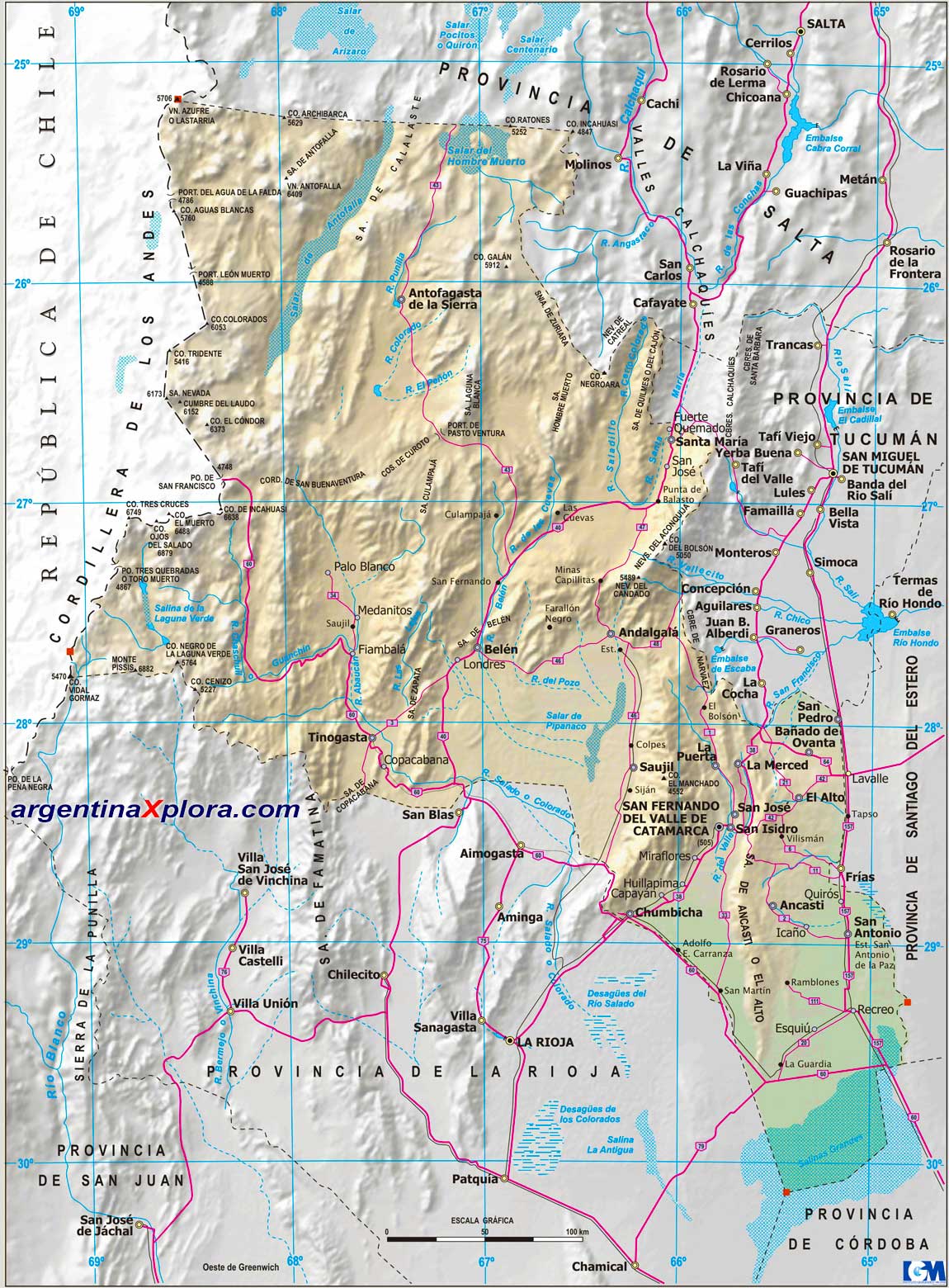 Mapa de la Provincia de Catamarca. Rutas y Localidades. Argentina