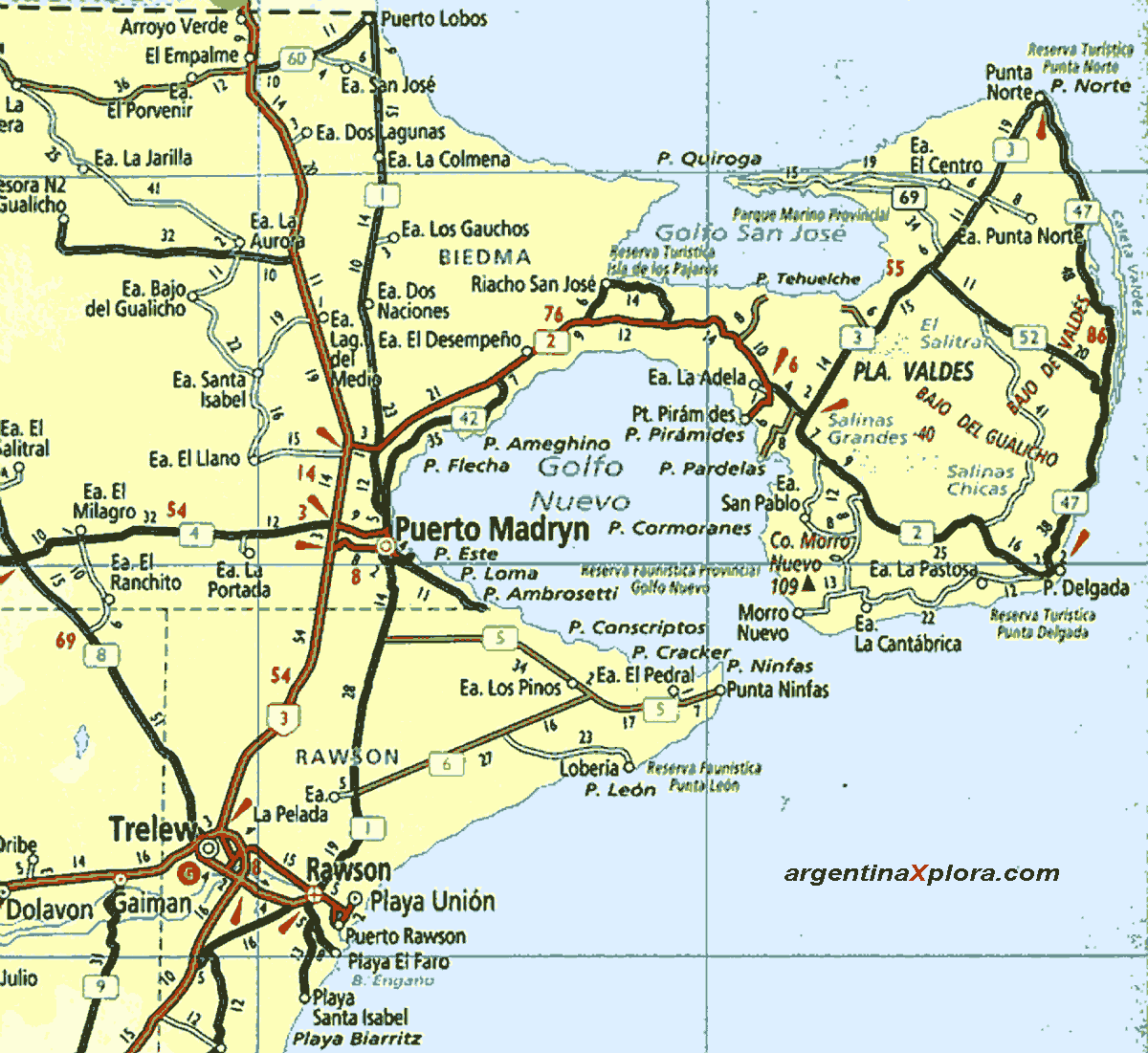 Mapa de rutas y localidades de la Peninula de Valdés - Chubut