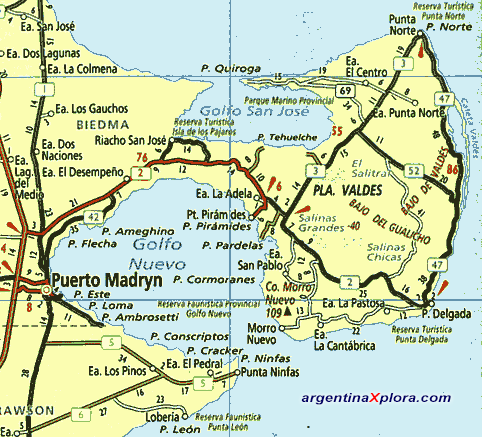 Mapa de laPenínsula Valdés El recorrido total de la Península de Valdés abarca unos 500 Km.