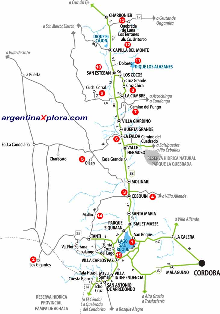 Mapa de Rutas y Localidades del Circuito: Camino de la Punilla