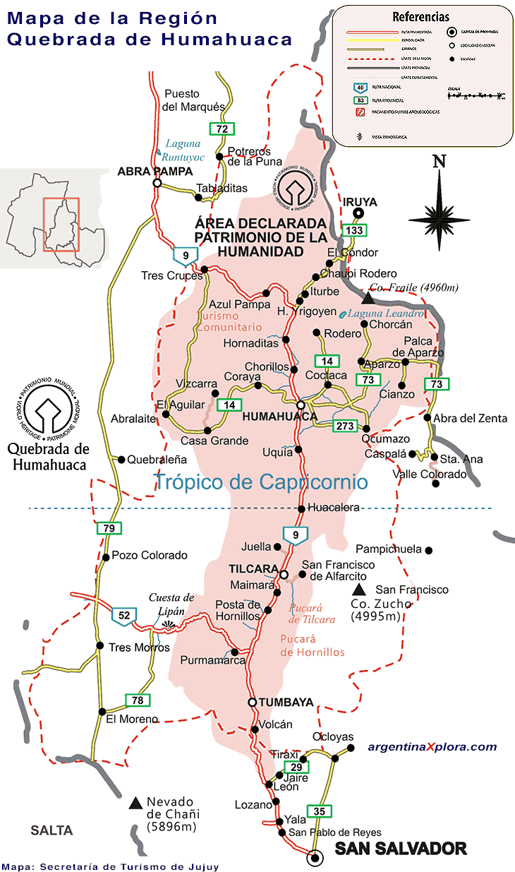 Mapa de la Quebrada de Humahuaca circuitos y lovcalidades - Jujuy