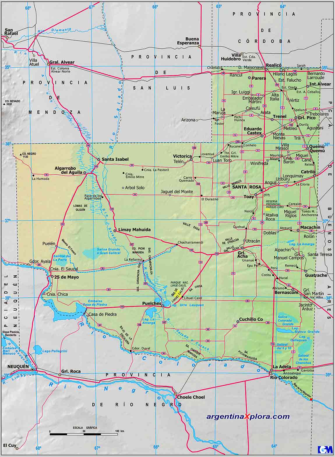 Mapa de la Provincia de La Pampa - Mapa de rutas y localidades Argentina