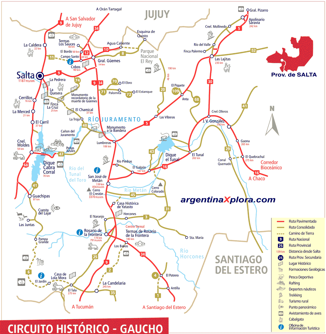 Mapa del circuito turístico del Sur de la Provincia de Salta