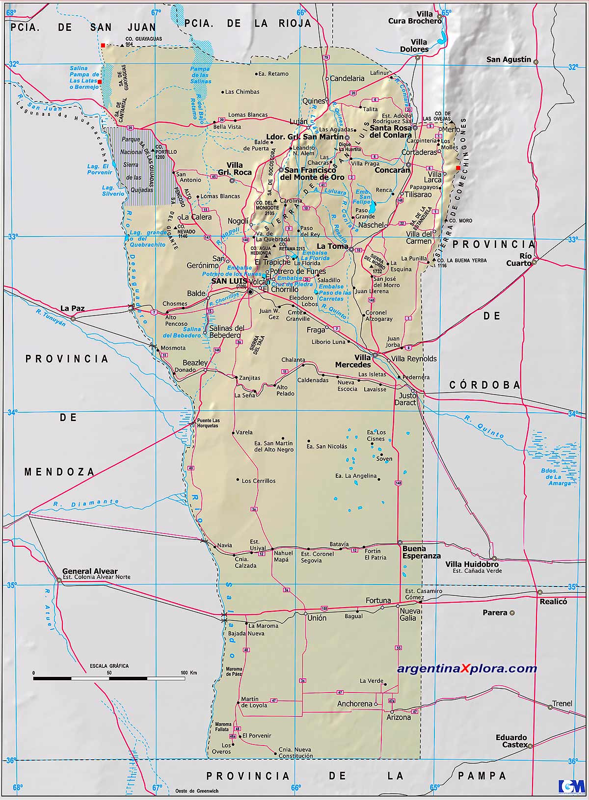 Mapa de Rutas y localidades de la Provincia de San Luis - Argentina