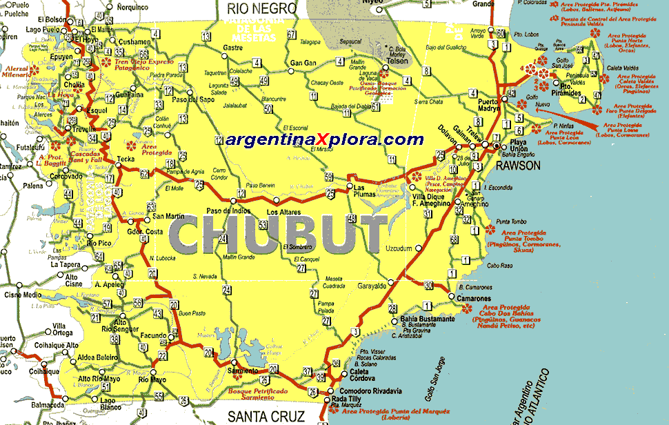 Map of Routes and Locations in Chubut - Argentina