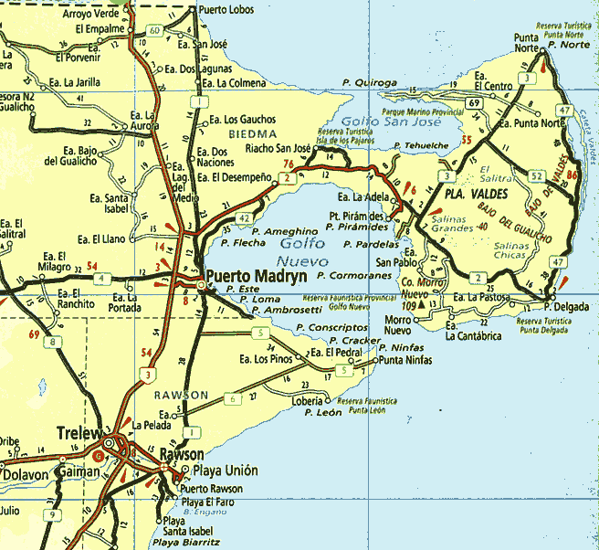 Road Map and Locations of Valdes Peninsula - Province of Chubut - Argentina